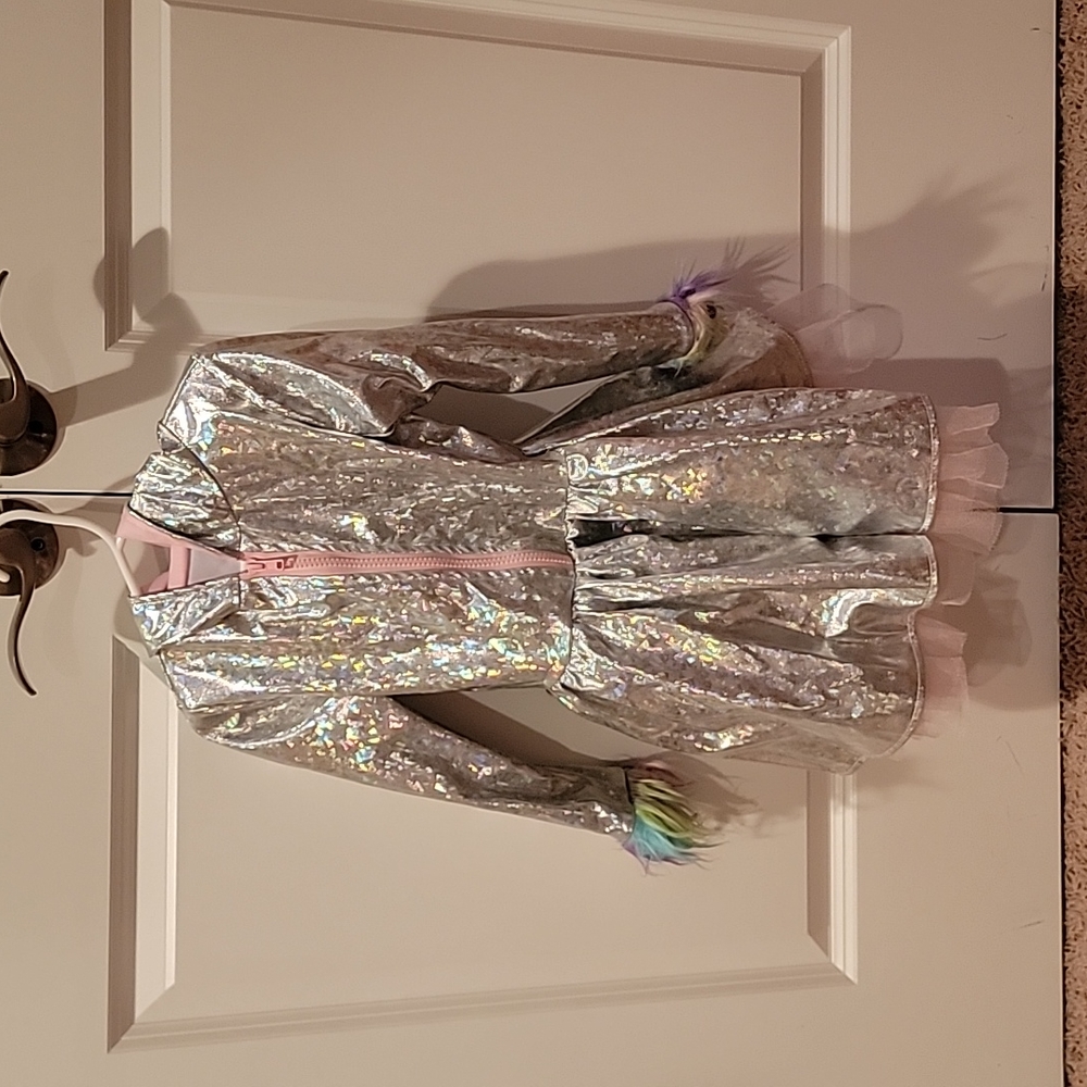 Dream Play Imagine Girls Unicorn Hooded Shimmer Silver Dress Coat